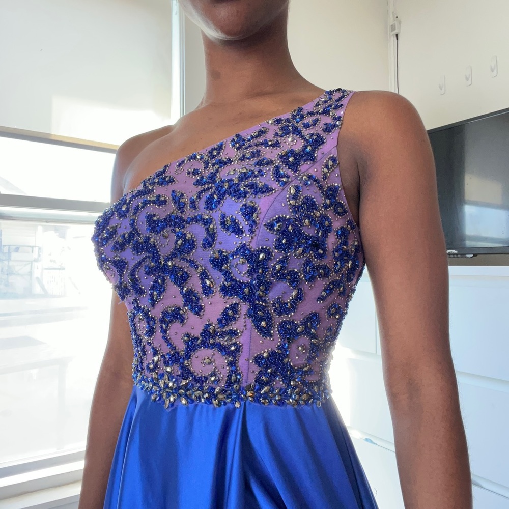Jovani Beaded One Shoulder Blue Gown with Slit
